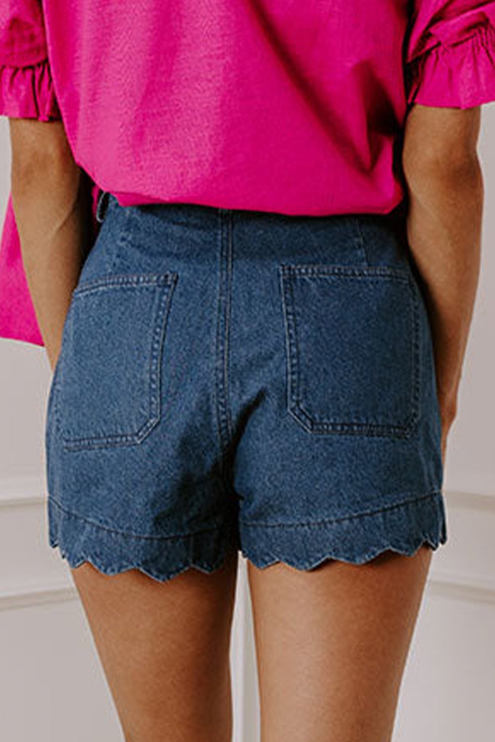 White Scalloped Hemline Light Wash Denim Shorts - MAD RUFFI