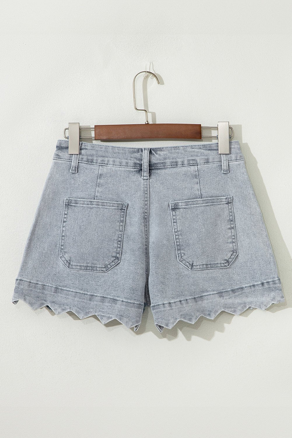 White Scalloped Hemline Light Wash Denim Shorts - MAD RUFFI