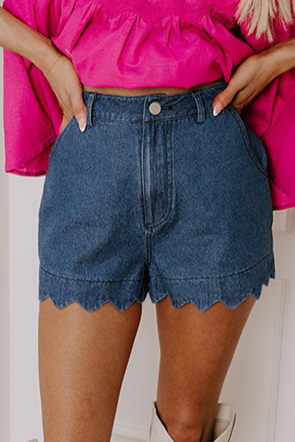 White Scalloped Hemline Light Wash Denim Shorts - MAD RUFFI