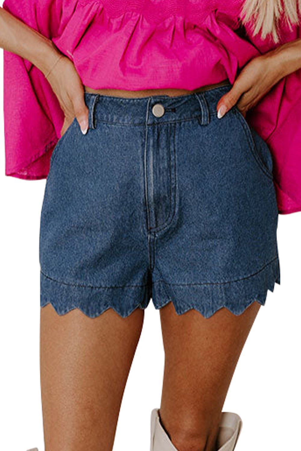 White Scalloped Hemline Light Wash Denim Shorts - MAD RUFFI