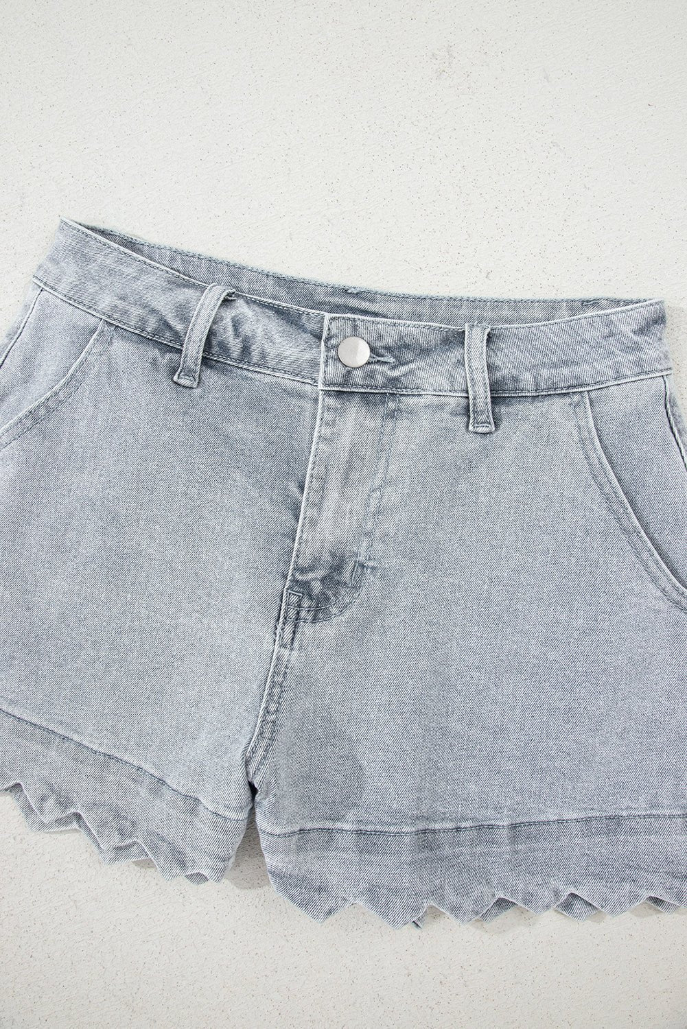 White Scalloped Hemline Light Wash Denim Shorts - MAD RUFFI