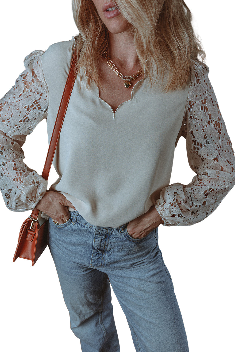 White Scalloped V Neckline Lace Hollowed Lantern Sleeve Blouse - MAD RUFFI