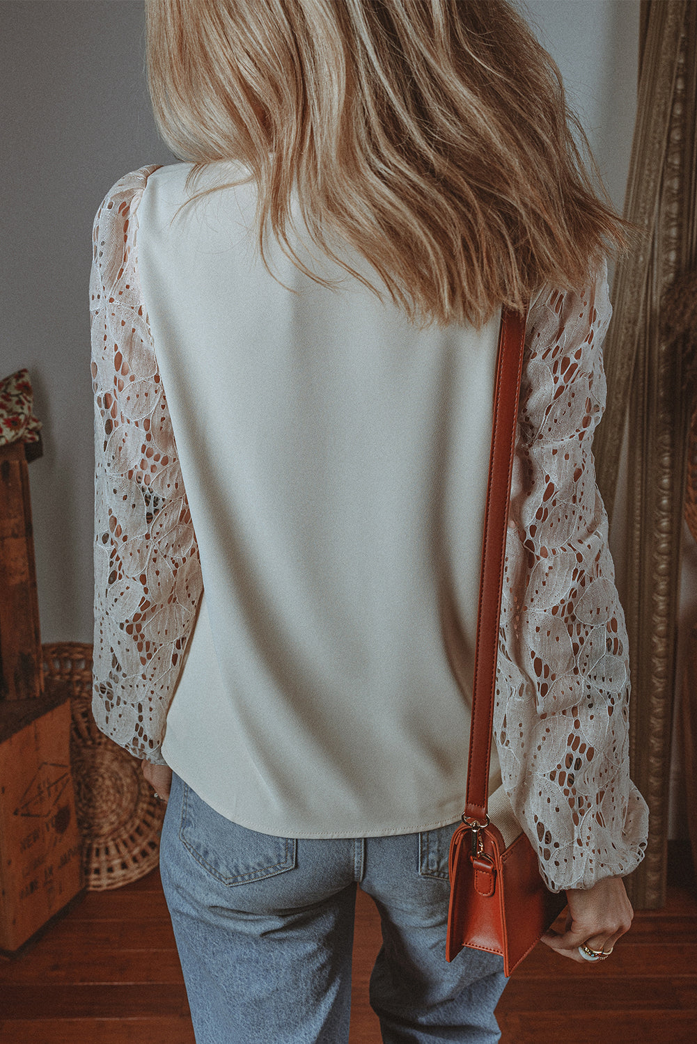 White Scalloped V Neckline Lace Hollowed Lantern Sleeve Blouse - MAD RUFFI