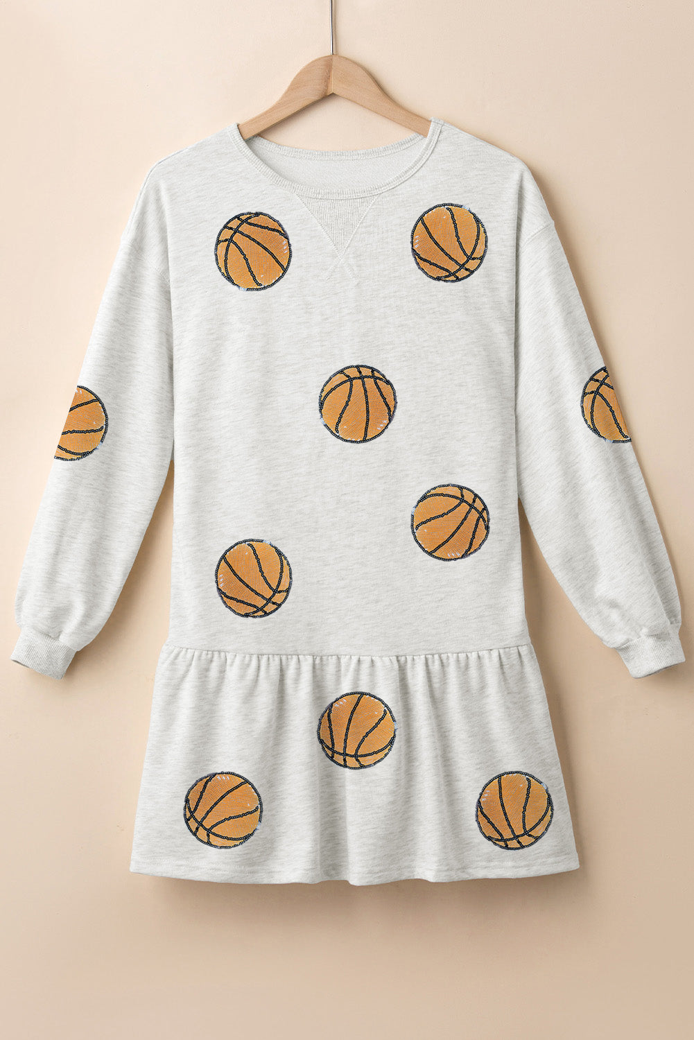 White Sequin Basketball Graphic Ruffle Long Sleeve Dress - MAD RUFFI