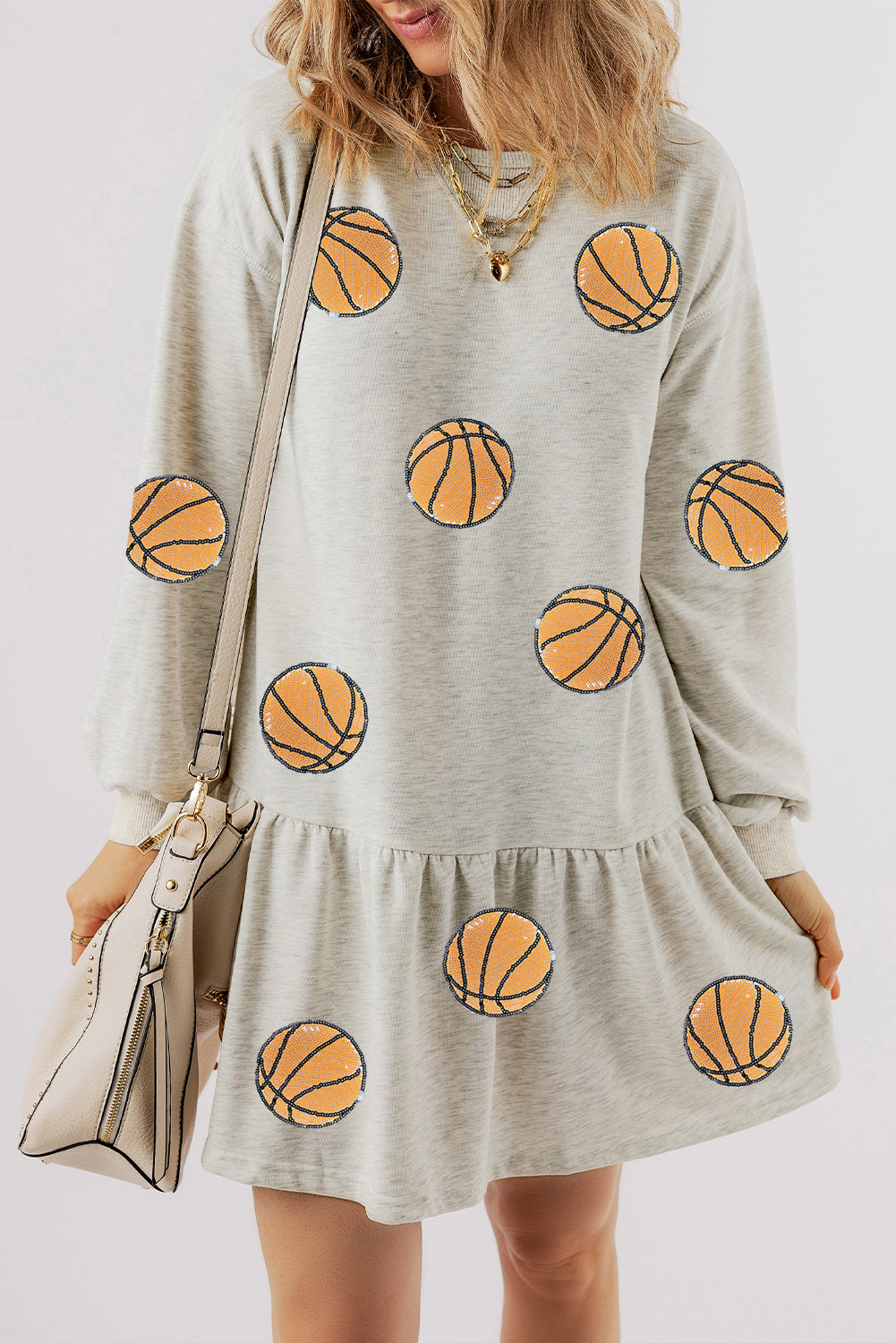 White Sequin Basketball Graphic Ruffle Long Sleeve Dress - MAD RUFFI