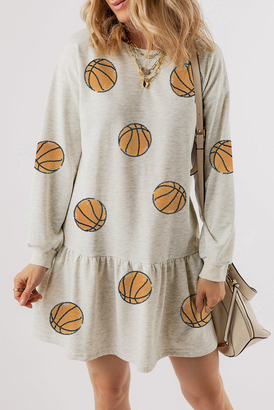 White Sequin Basketball Graphic Ruffle Long Sleeve Dress - MAD RUFFI