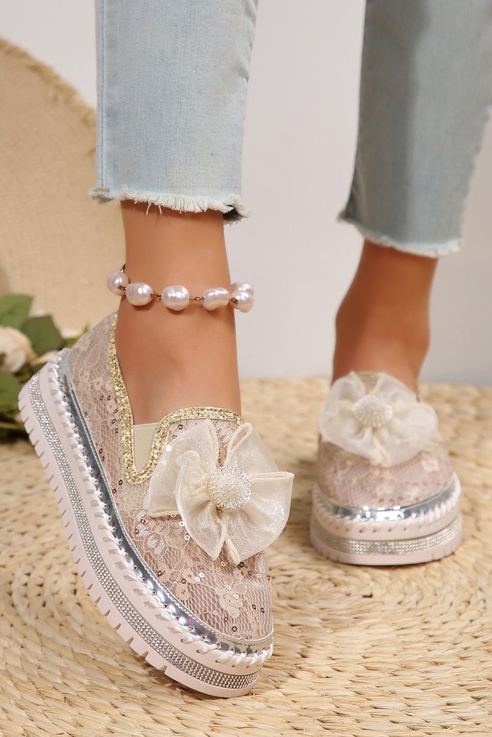 White Sequin Bow Thick Sole Casual Shoes - MAD RUFFI