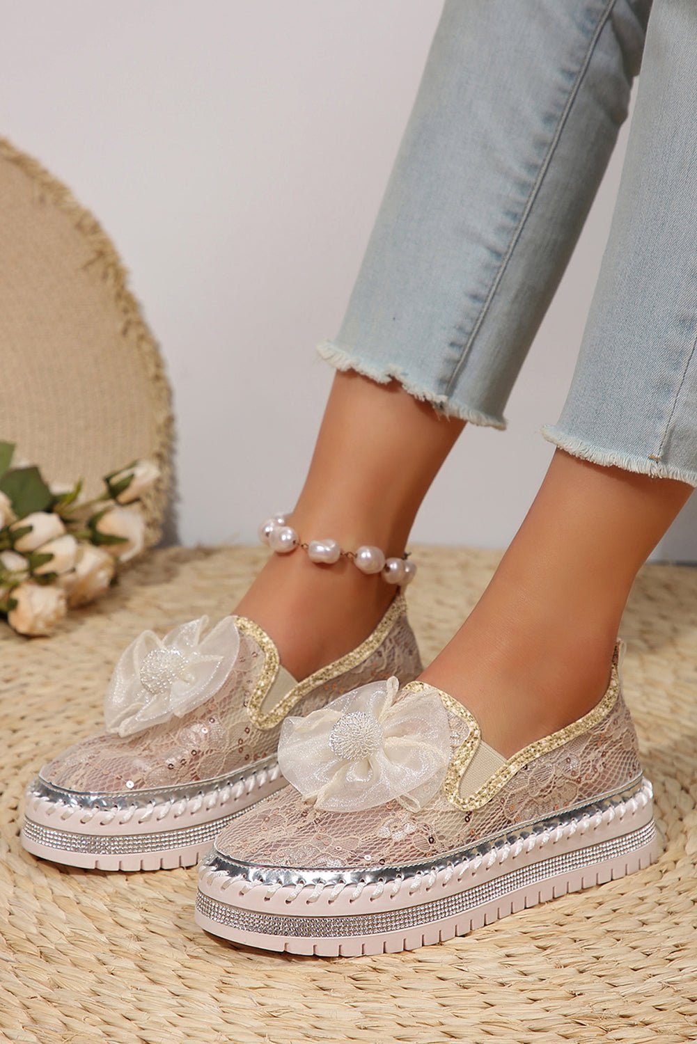 White Sequin Bow Thick Sole Casual Shoes - MAD RUFFI