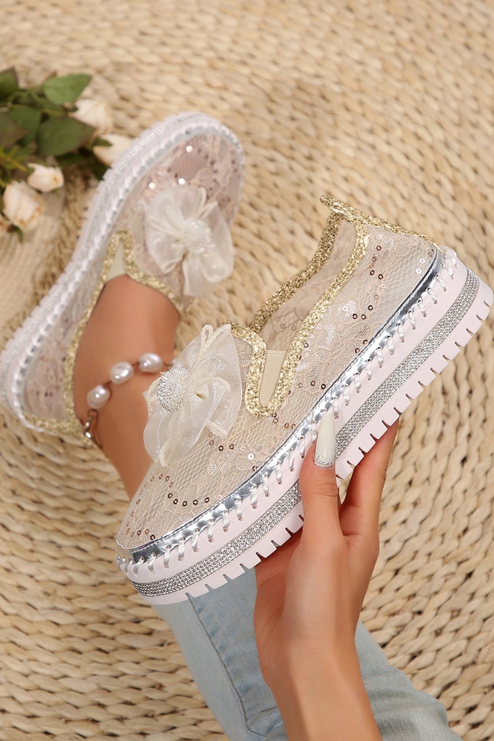 White Sequin Bow Thick Sole Casual Shoes - MAD RUFFI
