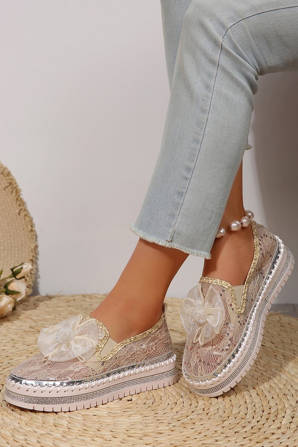 White Sequin Bow Thick Sole Casual Shoes - MAD RUFFI