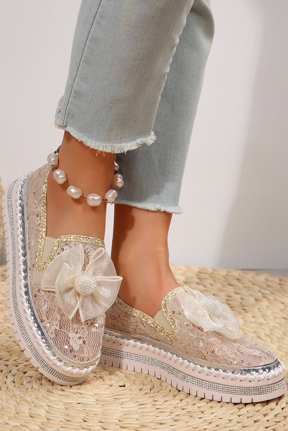 White Sequin Bow Thick Sole Casual Shoes - MAD RUFFI