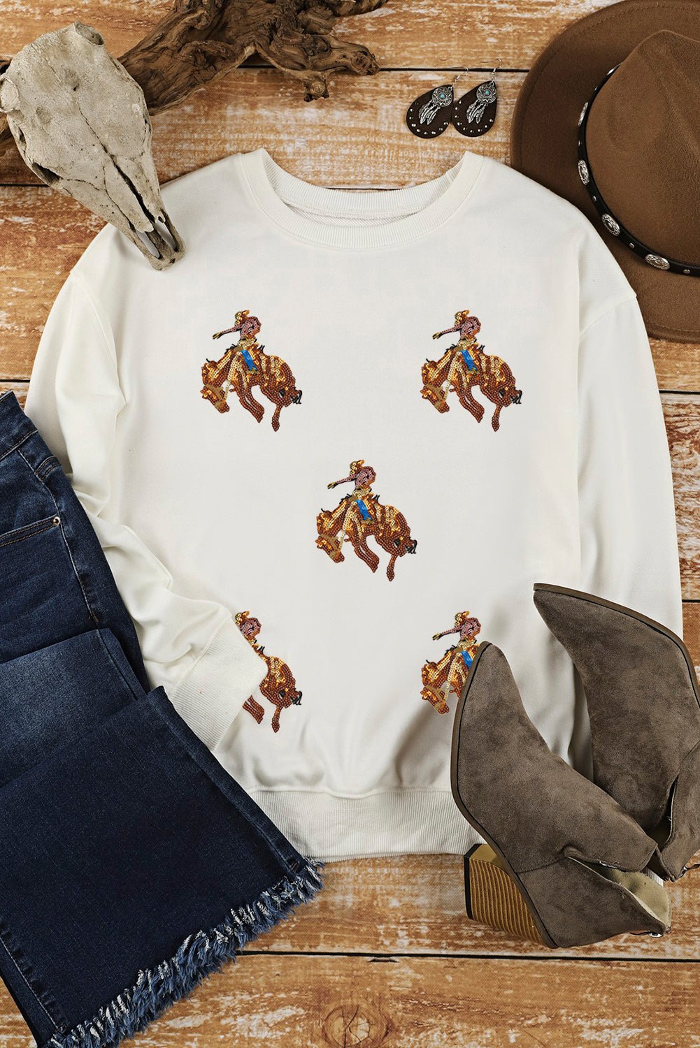 White Sequin Graphic Drop Shoulder Sweatshirt - MAD RUFFI