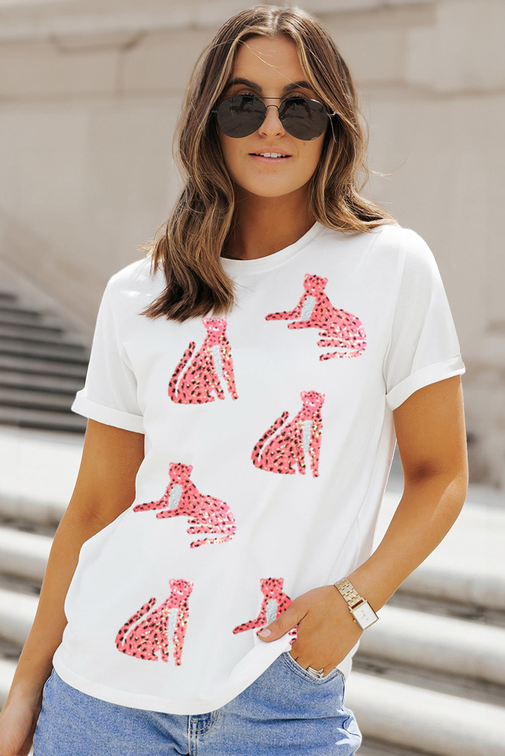 White Sequined Cheetah Graphic Round Neck Tee - MAD RUFFI