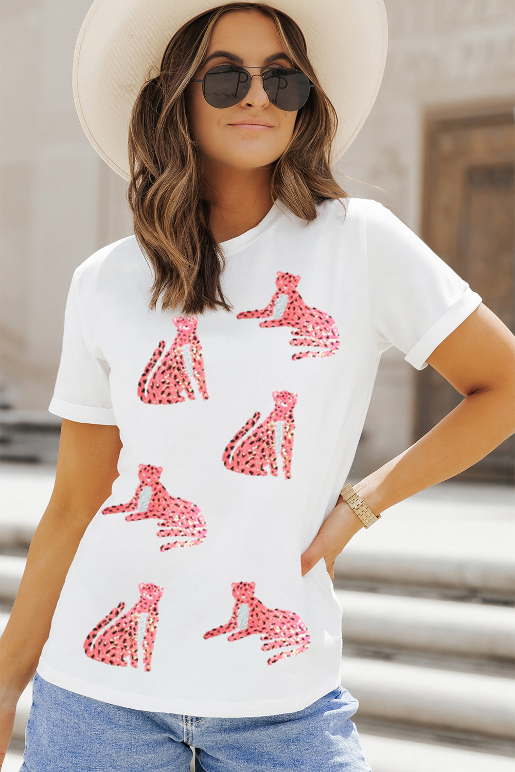 White Sequined Cheetah Graphic Round Neck Tee - MAD RUFFI