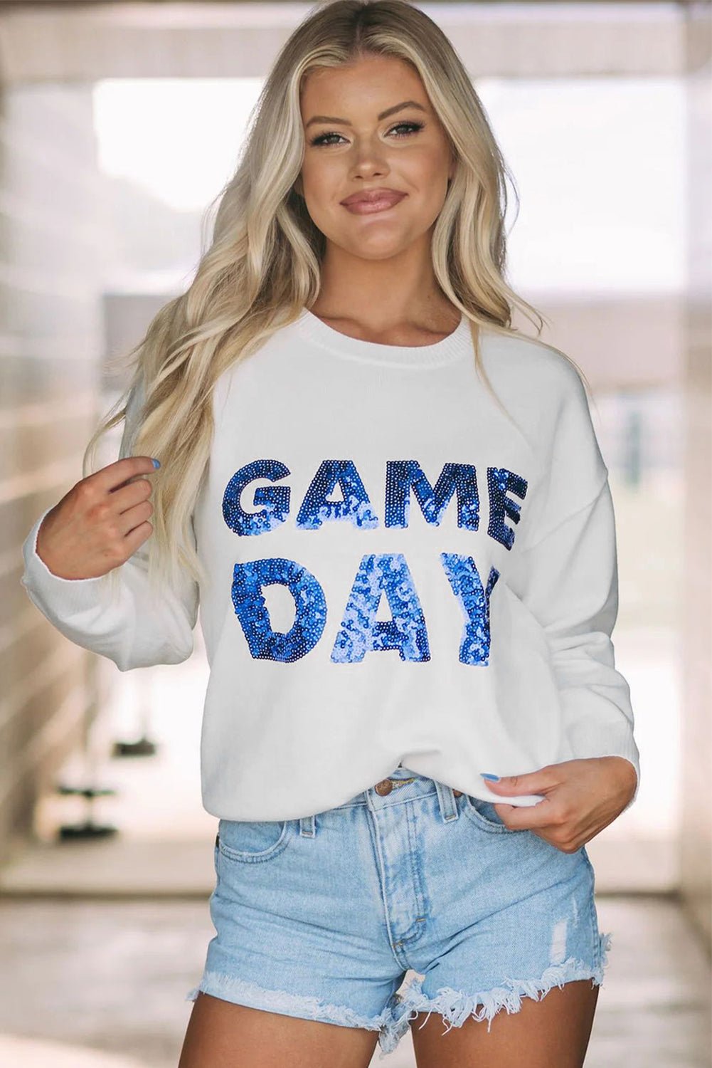 White Sequins GAME DAY Graphic Round Neck Sweater - MAD RUFFI