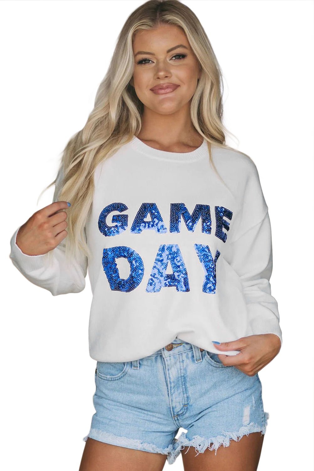 White Sequins GAME DAY Graphic Round Neck Sweater - MAD RUFFI