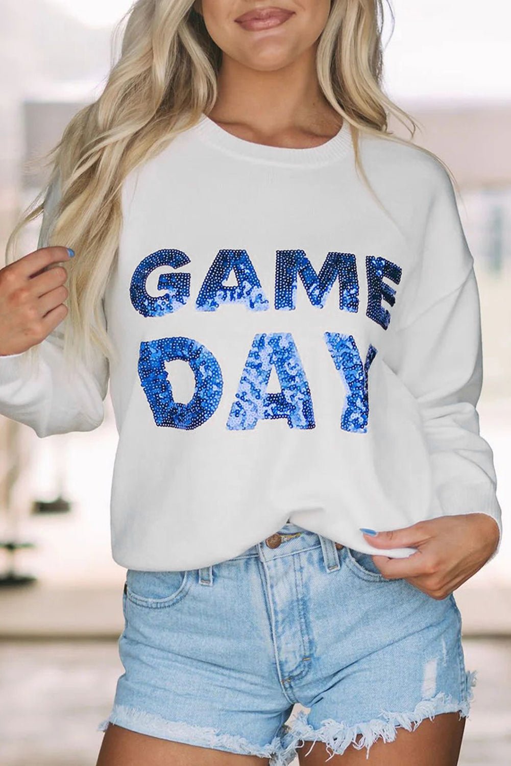 White Sequins GAME DAY Graphic Round Neck Sweater - MAD RUFFI