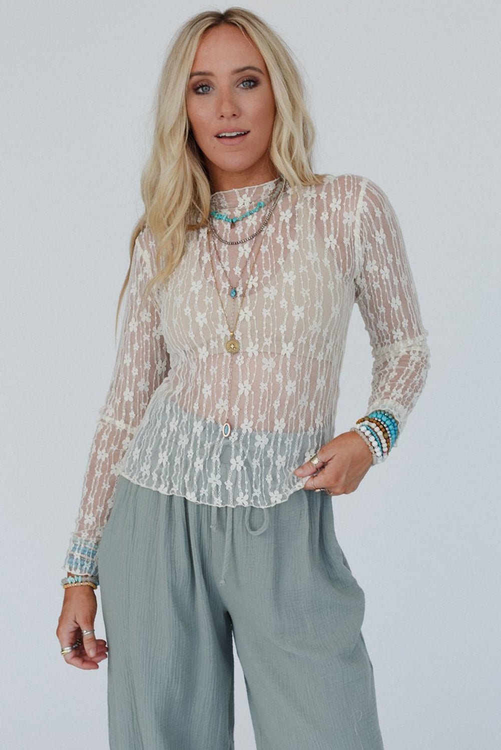 White Sheer Floral Lace Long Sleeve Slim Fit Top - MAD RUFFI