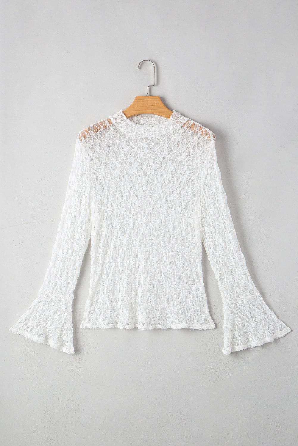 White Sheer Lace Bell Sleeve Mock Neck Blouse - MAD RUFFI