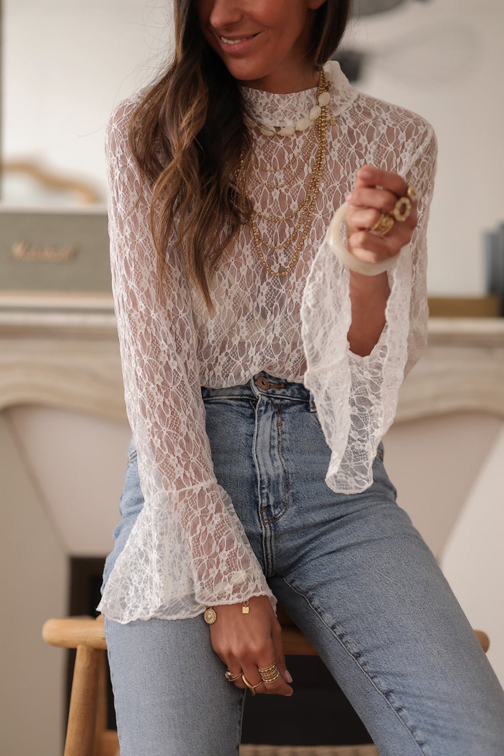 White Sheer Lace Bell Sleeve Mock Neck Blouse - MAD RUFFI