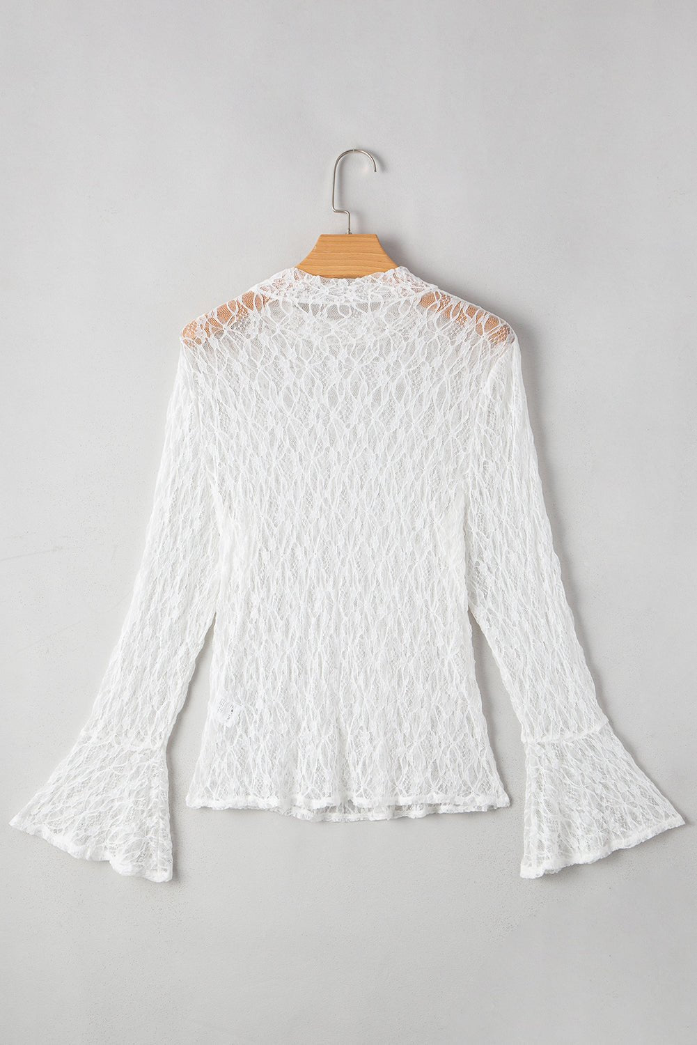 White Sheer Lace Bell Sleeve Mock Neck Blouse - MAD RUFFI