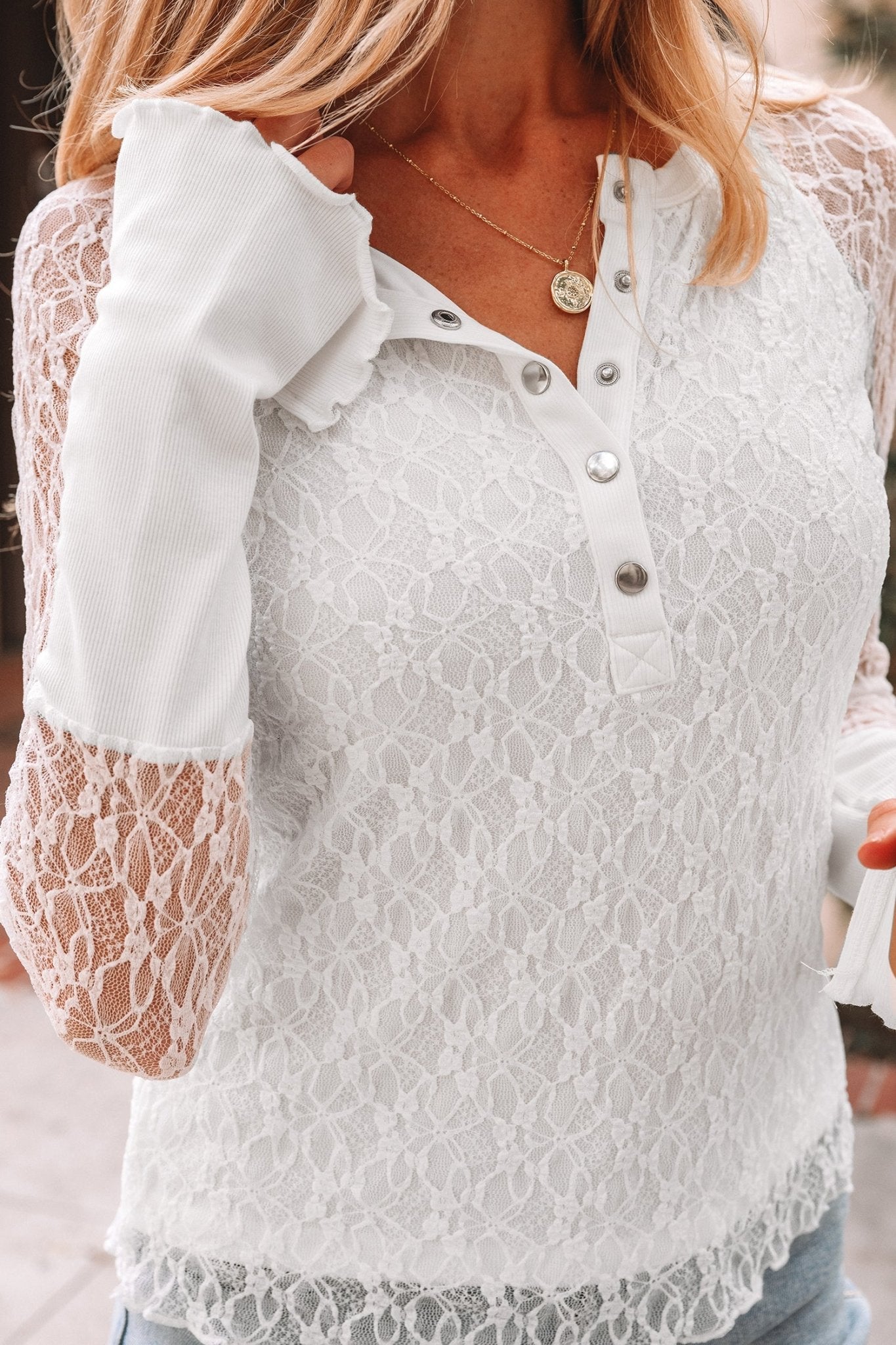 White Sheer Lace Long Sleeve Slim Henley Top - MAD RUFFI