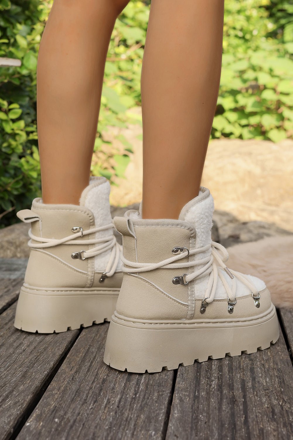 White Sherpa PU Leather Patchwork Lace - up Thick Bottom Snow Boots - MAD RUFFI