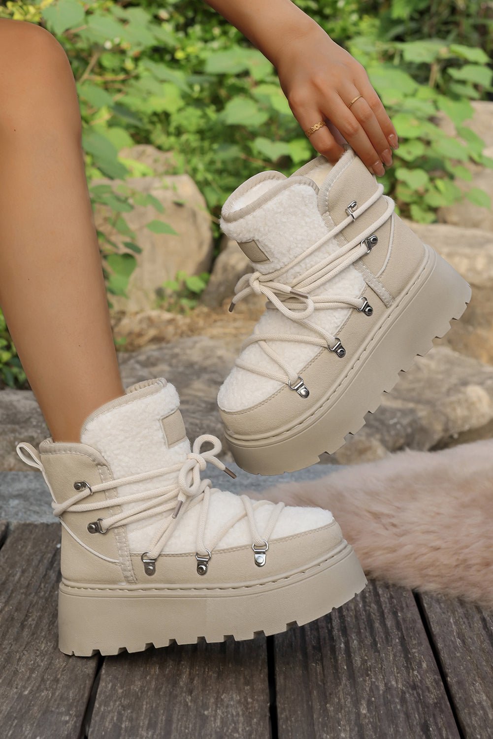 White Sherpa PU Leather Patchwork Lace - up Thick Bottom Snow Boots - MAD RUFFI