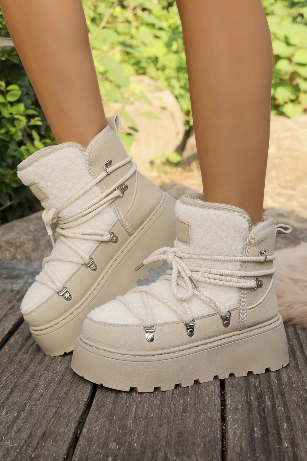 White Sherpa PU Leather Patchwork Lace - up Thick Bottom Snow Boots - MAD RUFFI