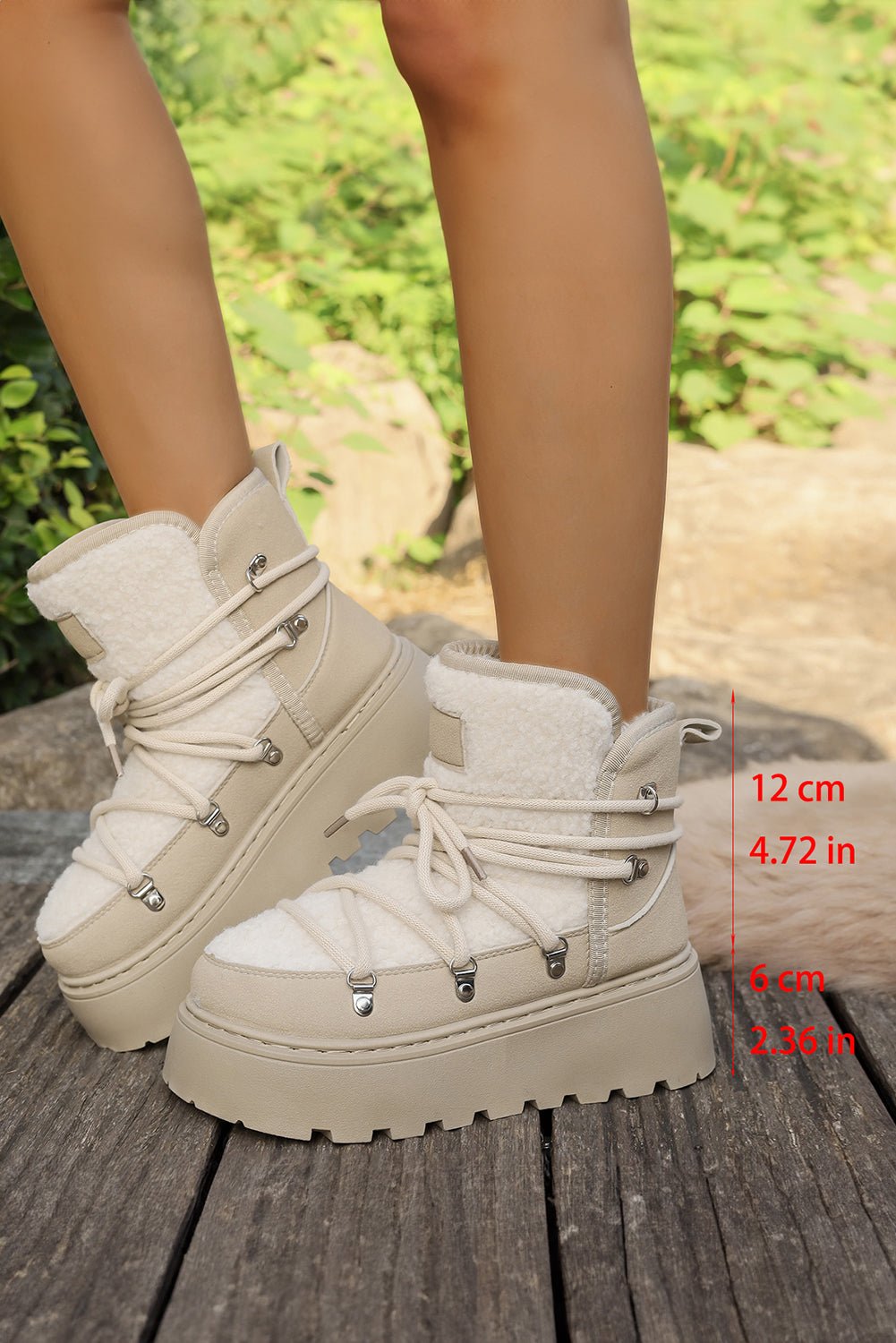 White Sherpa PU Leather Patchwork Lace - up Thick Bottom Snow Boots - MAD RUFFI