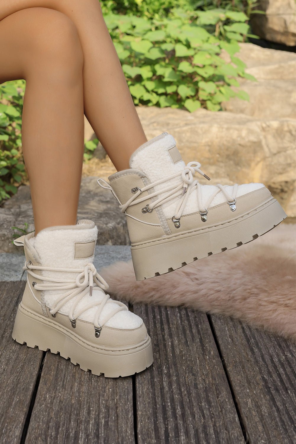 White Sherpa PU Leather Patchwork Lace - up Thick Bottom Snow Boots - MAD RUFFI