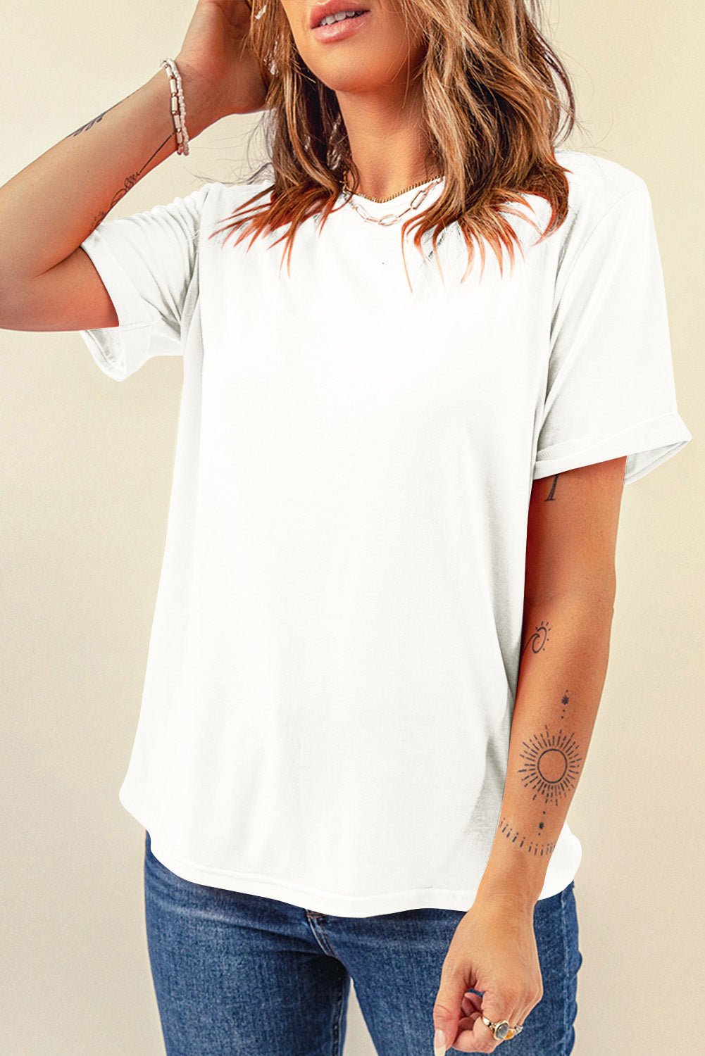 White Solid Color Basic Crew Neck Plain Tee - MAD RUFFI