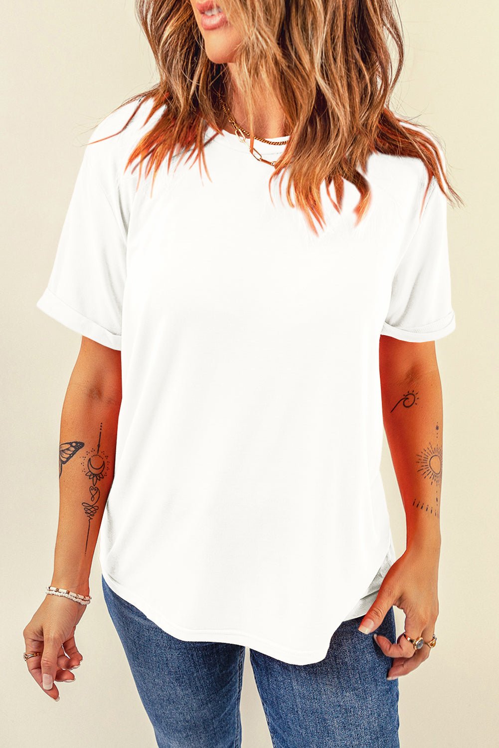 White Solid Color Basic Crew Neck Plain Tee - MAD RUFFI