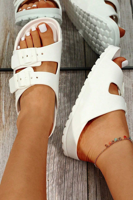 White Solid Color Buckle Straps Beach Slides Shoes - MAD RUFFI