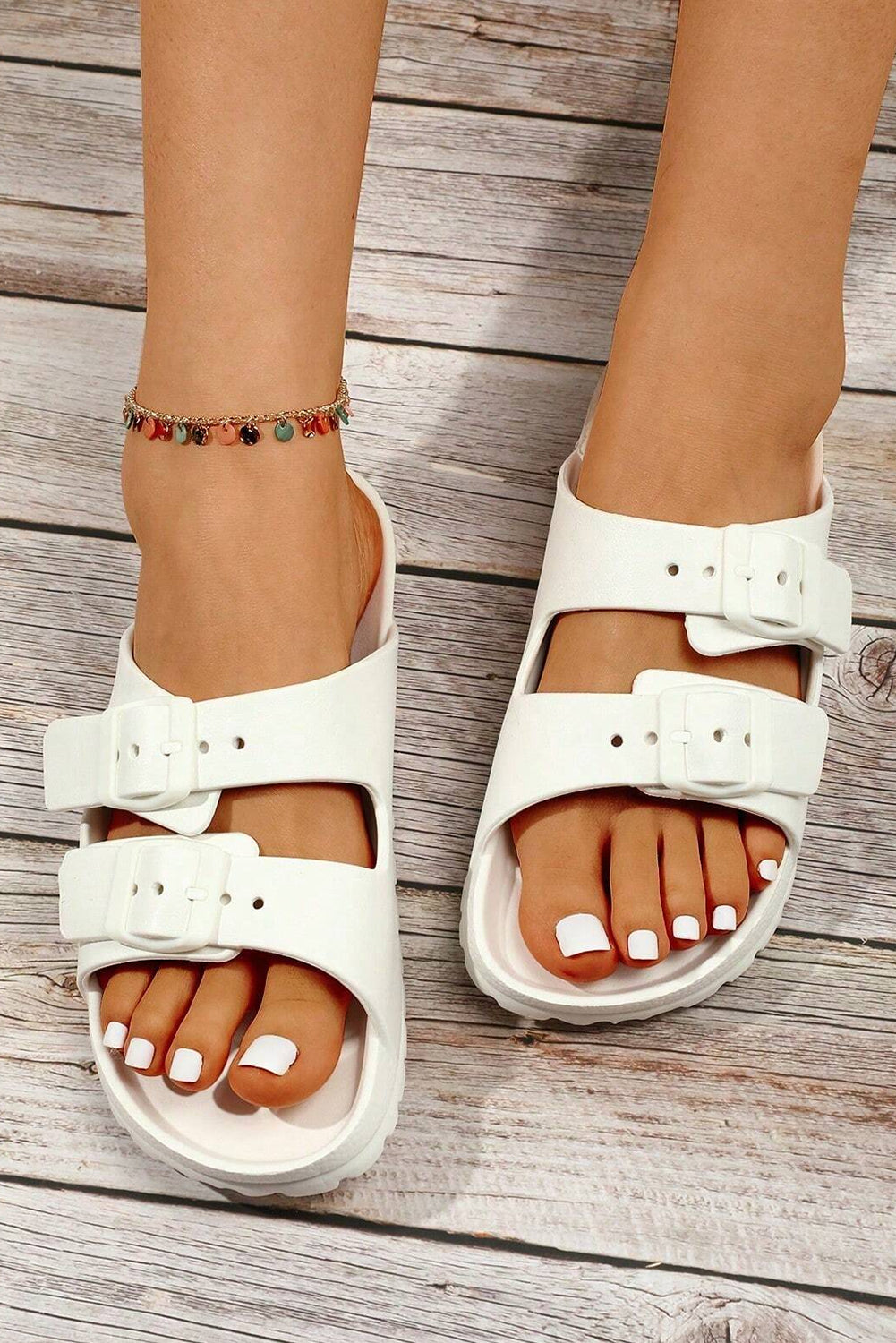 White Solid Color Buckle Straps Beach Slides Shoes - MAD RUFFI