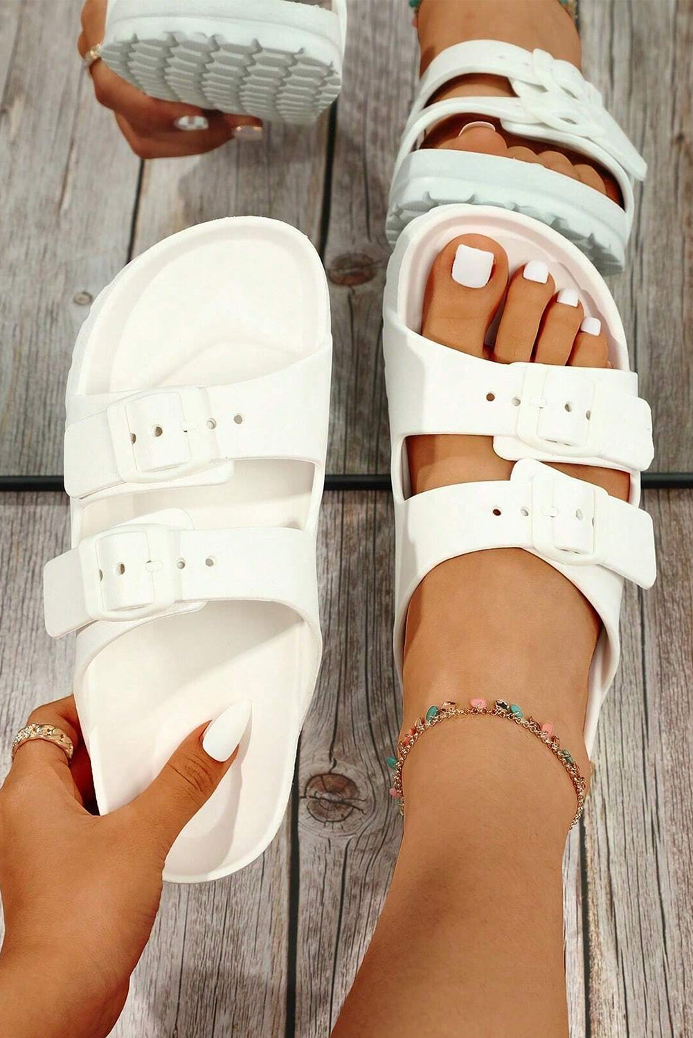 White Solid Color Buckle Straps Beach Slides Shoes - MAD RUFFI