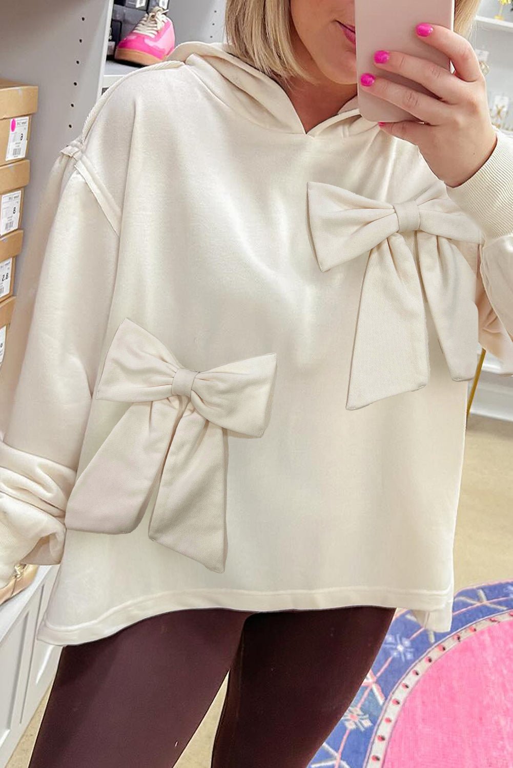 White Solid Color Cute Bow Embellished Loose Hoodie - MAD RUFFI