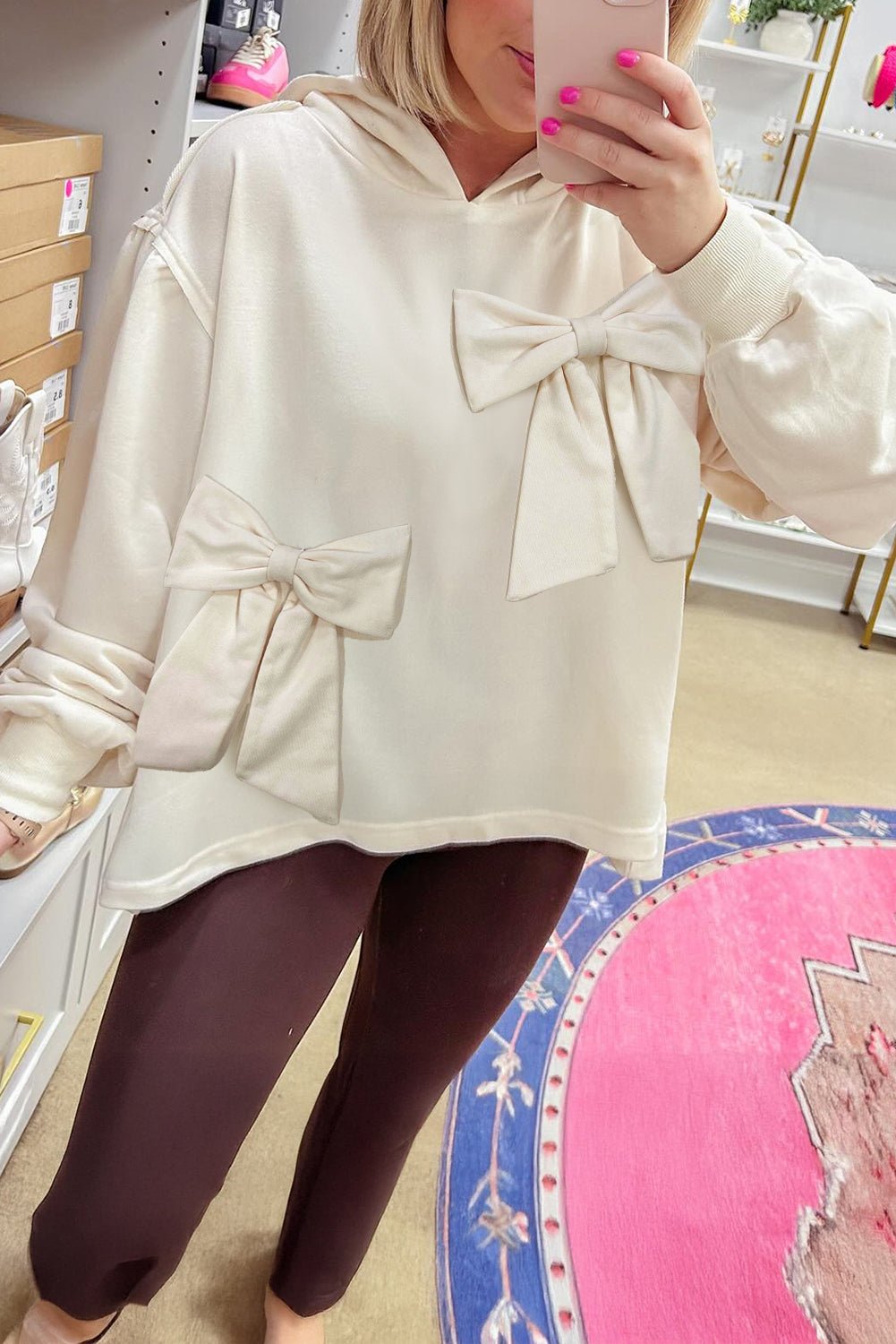 White Solid Color Cute Bow Embellished Loose Hoodie - MAD RUFFI