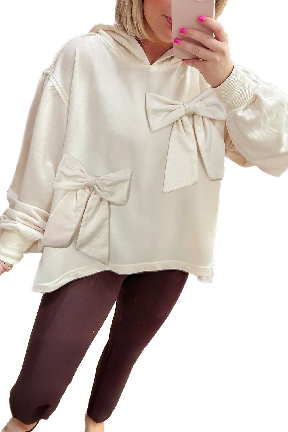 White Solid Color Cute Bow Embellished Loose Hoodie - MAD RUFFI