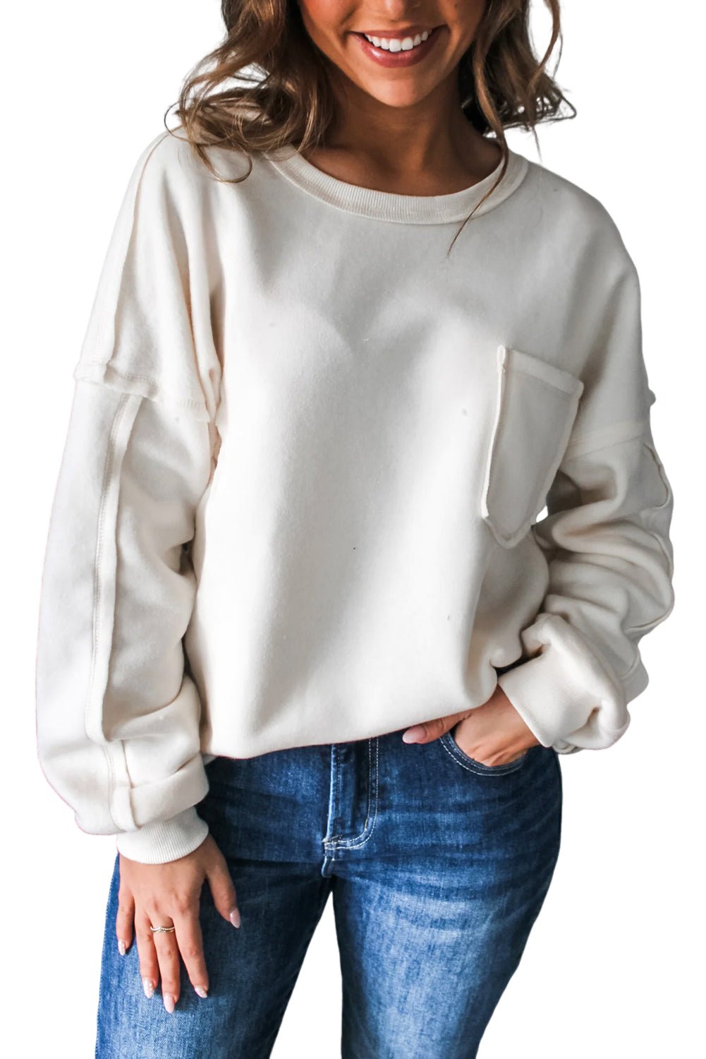 White Solid Color Drop Sleeve Pullover Sweatshirt - MAD RUFFI