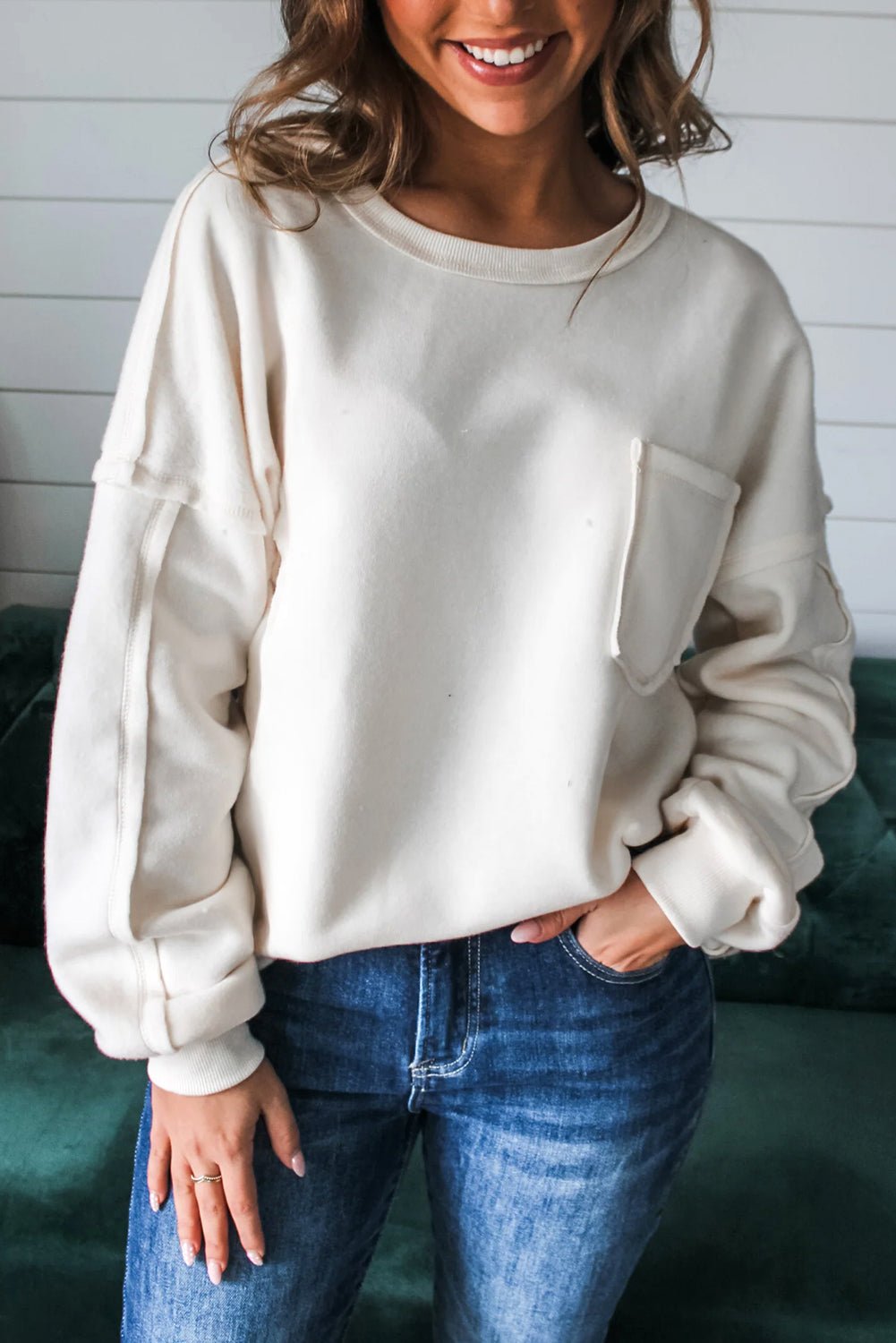 White Solid Color Drop Sleeve Pullover Sweatshirt - MAD RUFFI