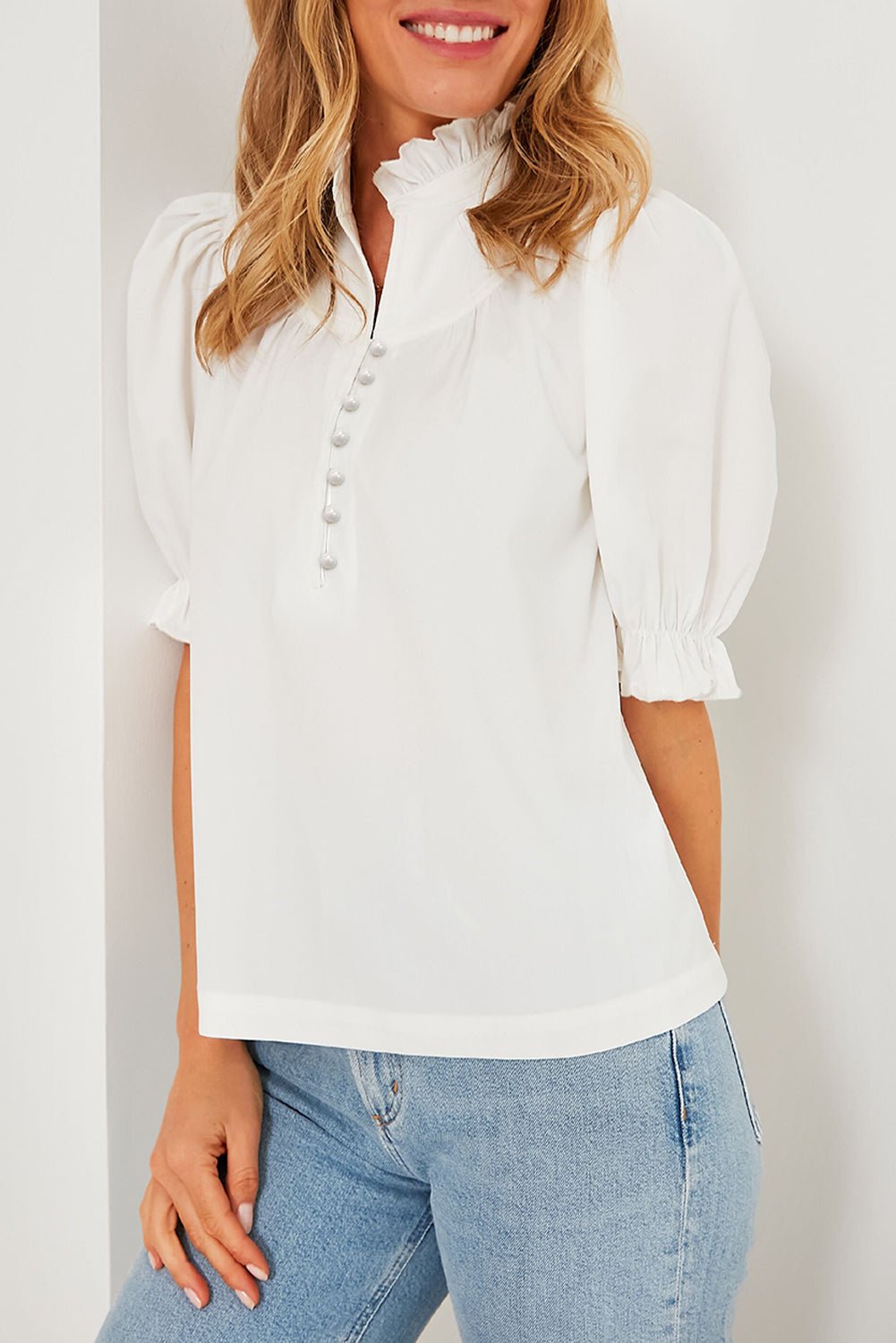 White Solid Color Frill Trim Puff Sleeve Blouse - MAD RUFFI