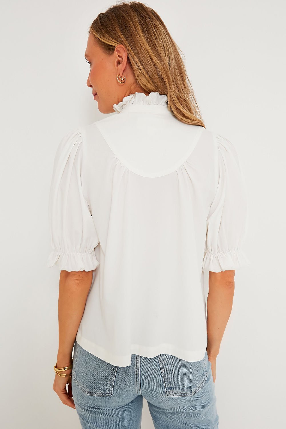 White Solid Color Frill Trim Puff Sleeve Blouse - MAD RUFFI