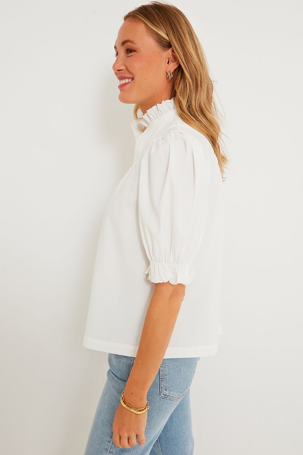 White Solid Color Frill Trim Puff Sleeve Blouse - MAD RUFFI