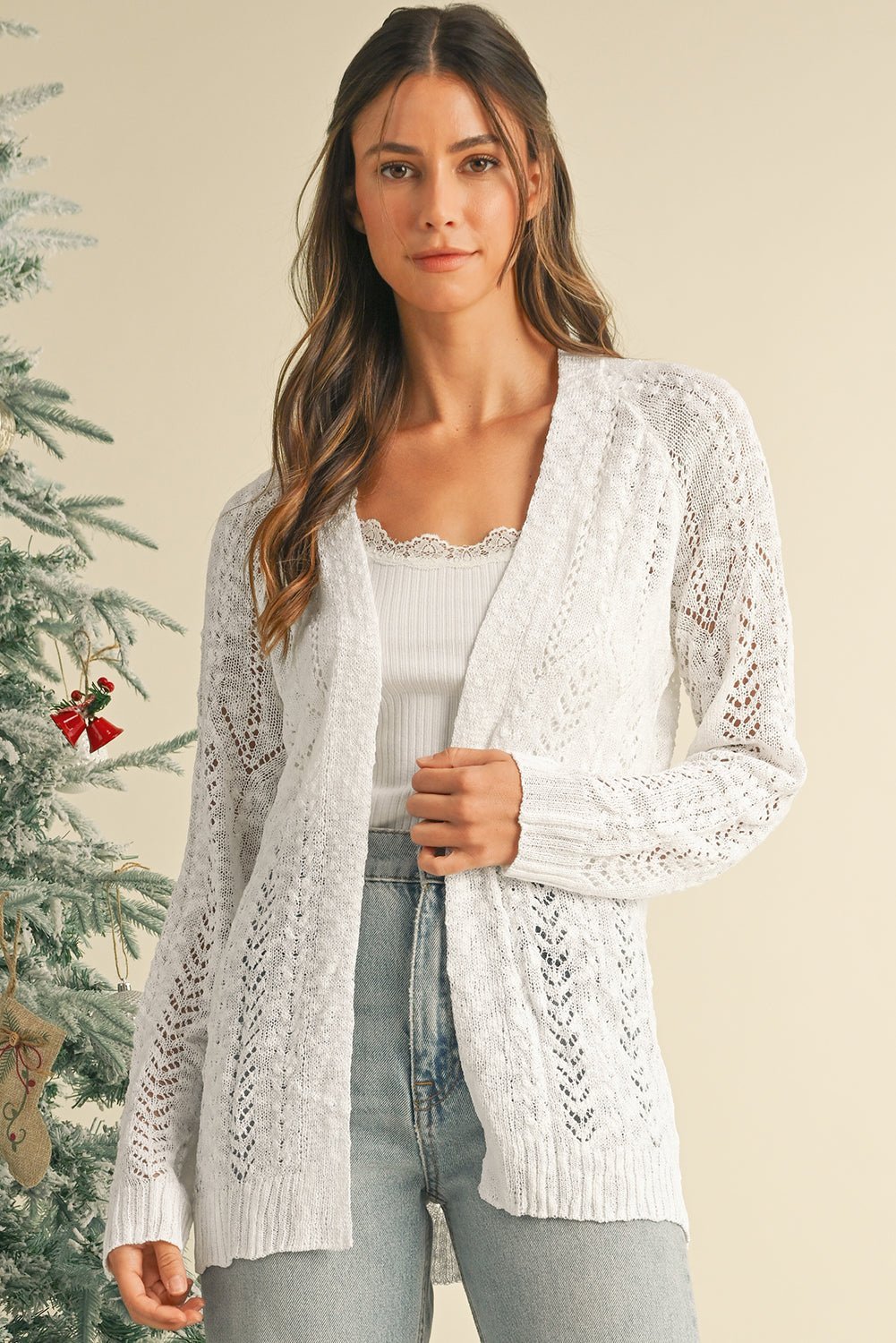 White Solid Color Hollow Knit Open Front Cardigan - MAD RUFFI