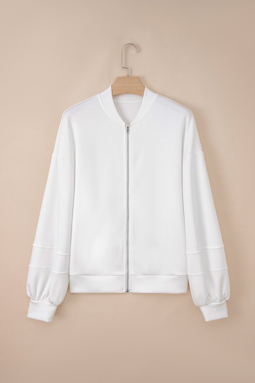 White Solid Color Zip Up Knit Puff Sleeve Jacket - MAD RUFFI
