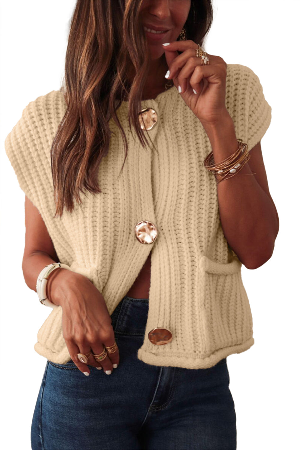 White Solid Textured Knit Side Pockets Buttoned Sweater Vest - MAD RUFFI