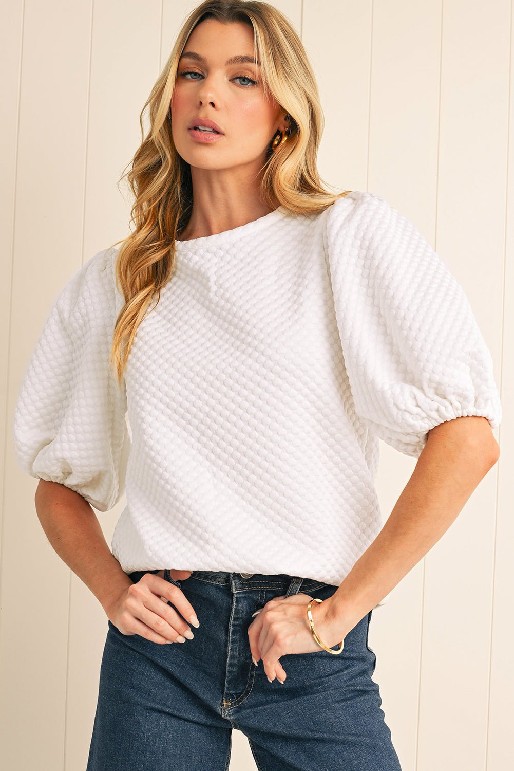 White Solid Textured O Neck Puff Sleeve Blouse - MAD RUFFI