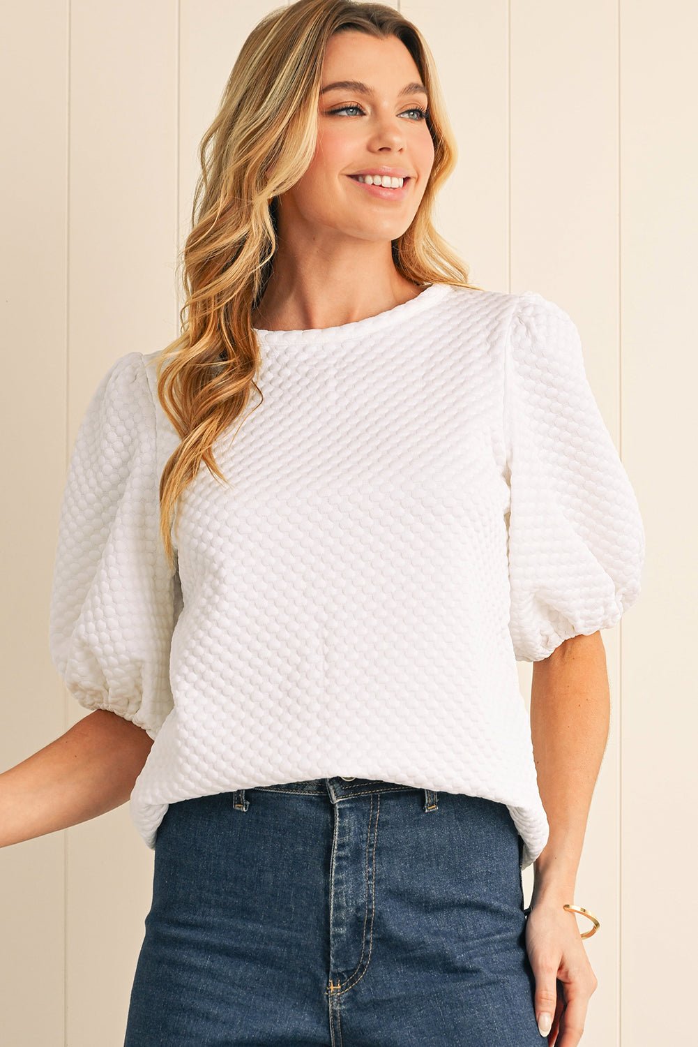 White Solid Textured O Neck Puff Sleeve Blouse - MAD RUFFI