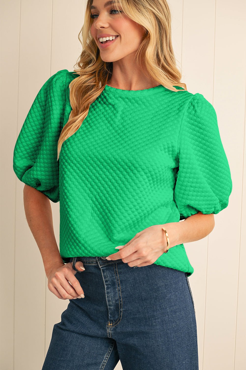 White Solid Textured O Neck Puff Sleeve Blouse - MAD RUFFI